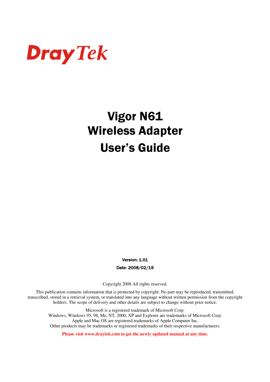 Draytek manual Vigor N61 Wireless Adapter User’s Guide 