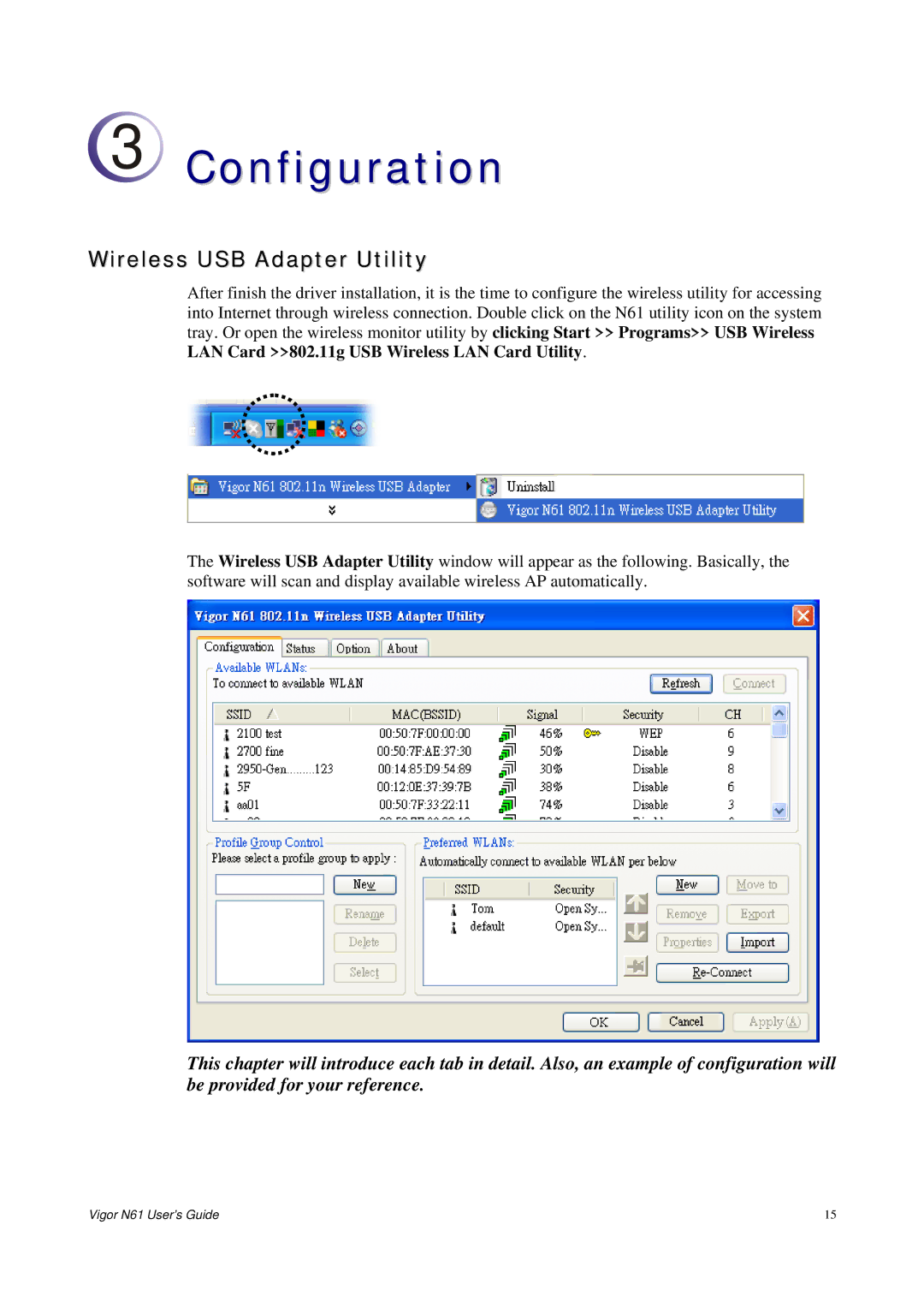 Draytek N61 manual Configuration, Wireless USB Adapter Utility 