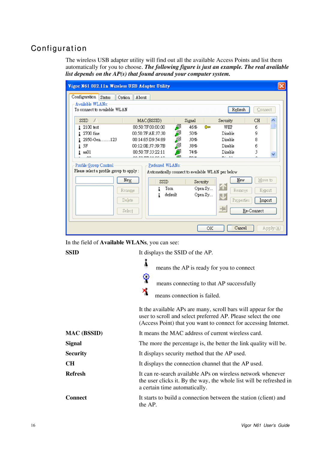 Draytek N61 manual Configuration, Signal, Security, Refresh, Connect 