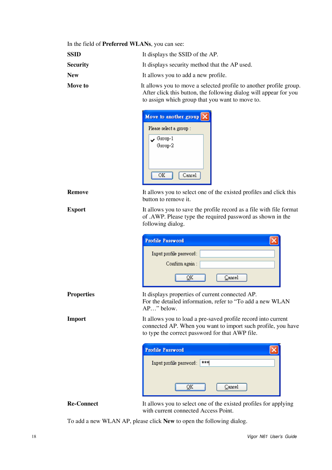 Draytek N61 manual Move to, Remove, Export, Properties, Import, Re-Connect 