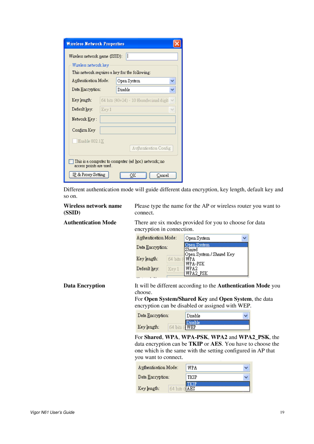 Draytek N61 manual Data Encryption, For Open System/Shared Key and Open System , the data 