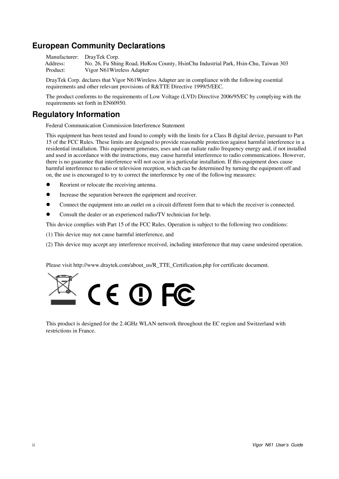 Draytek N61 manual European Community Declarations, Regulatory Information 