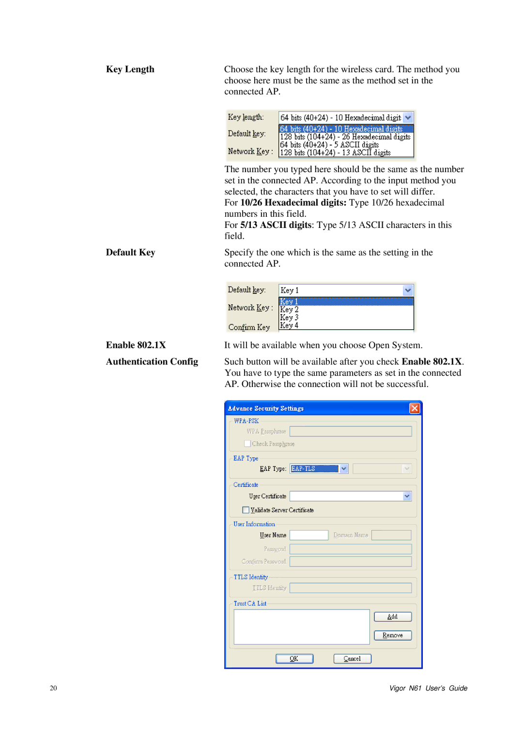 Draytek N61 manual Key Length, Default Key, Enable, Authentication Config 