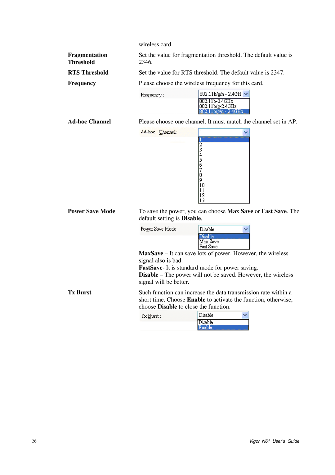 Draytek N61 manual Fragmentation, RTS Threshold, Ad-hoc Channel, Power Save Mode, Tx Burst 