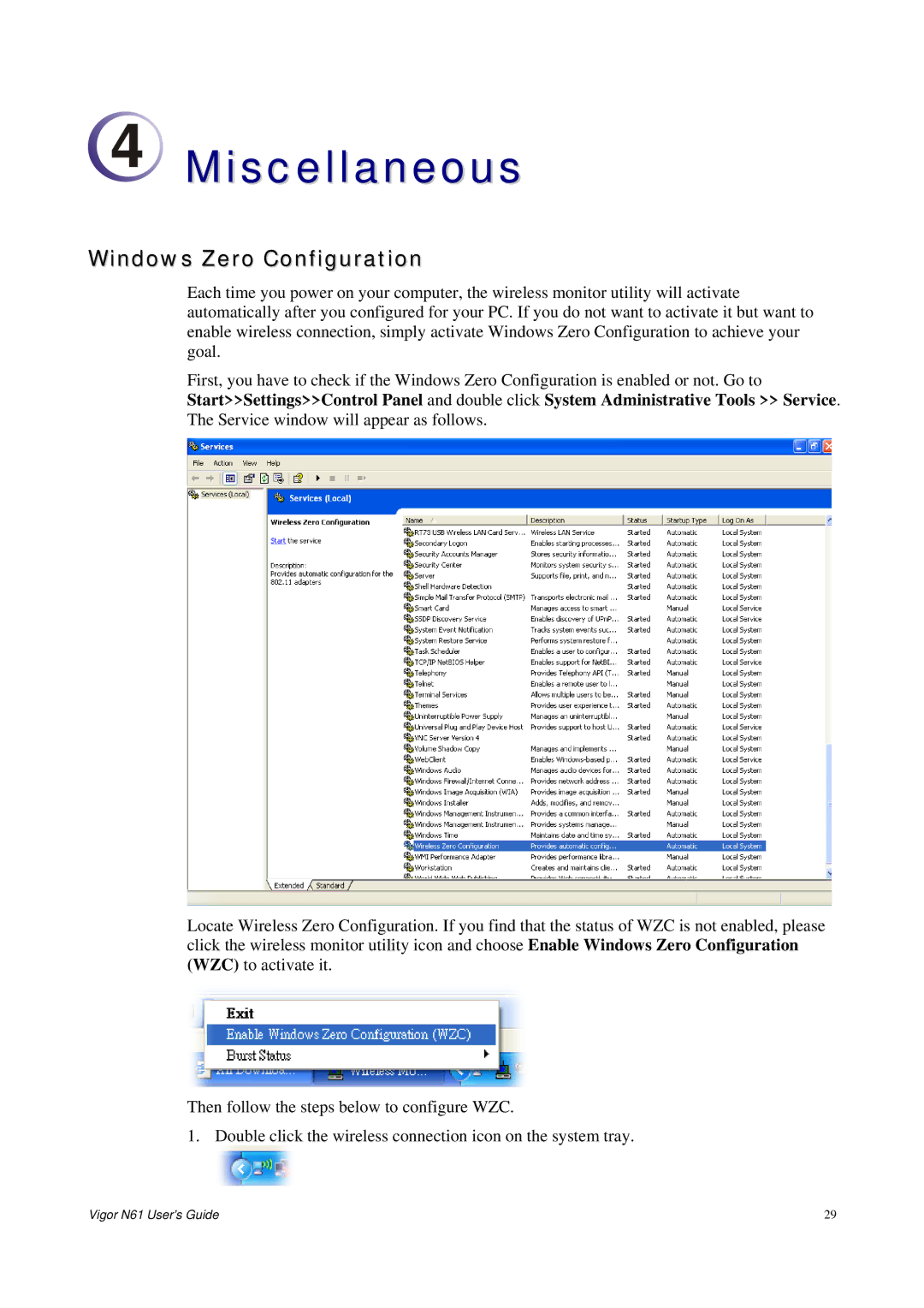 Draytek N61 manual Miscellaneous, Windows Zero Configuration 