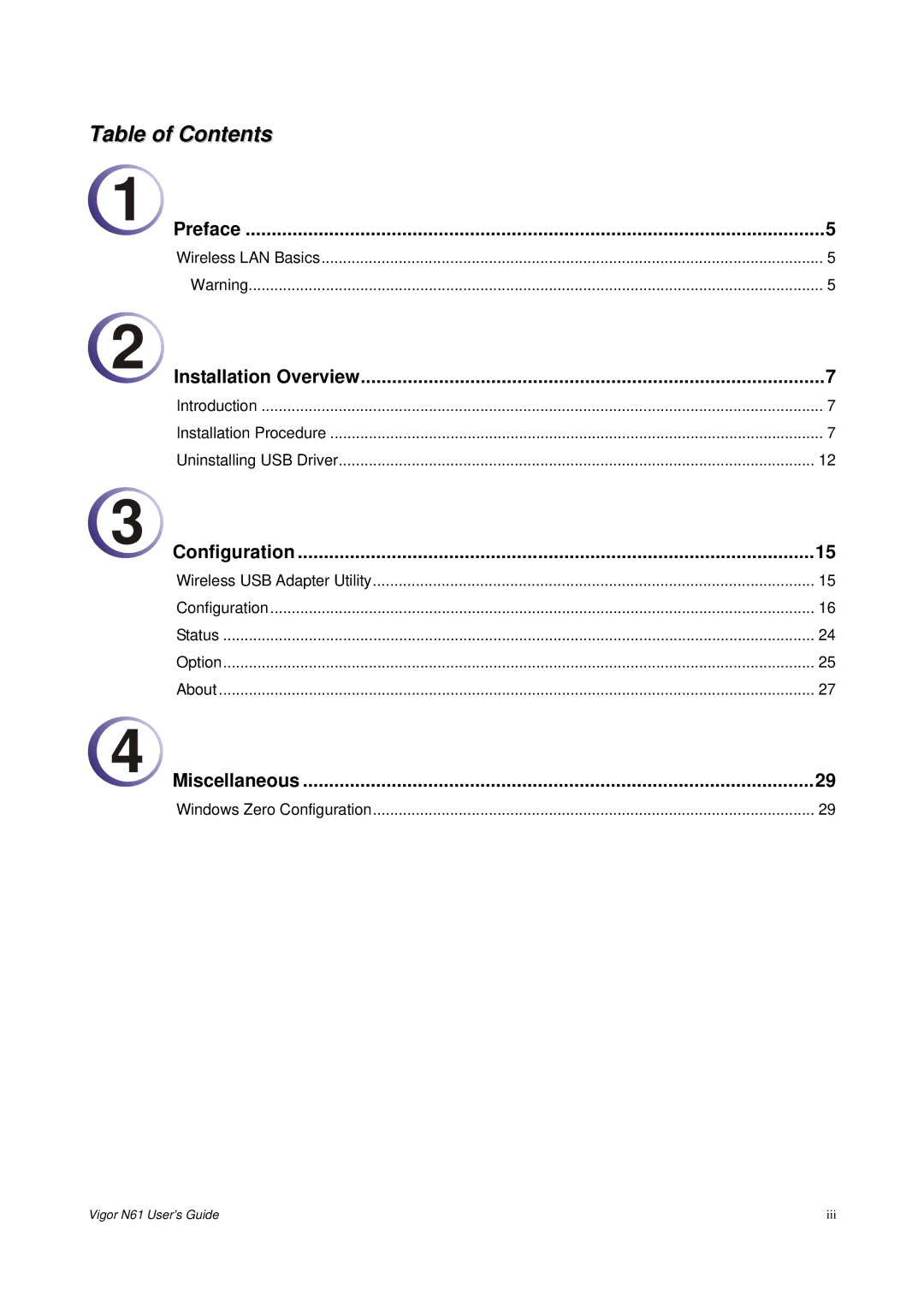 Draytek N61 manual Table of Contents 