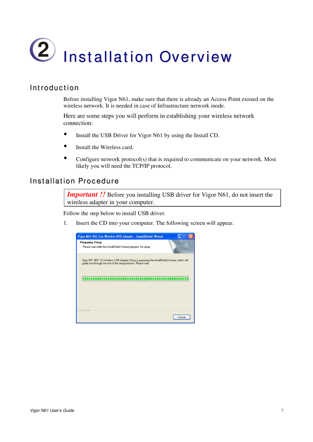 Draytek N61 manual Introduction, Installation Procedure 