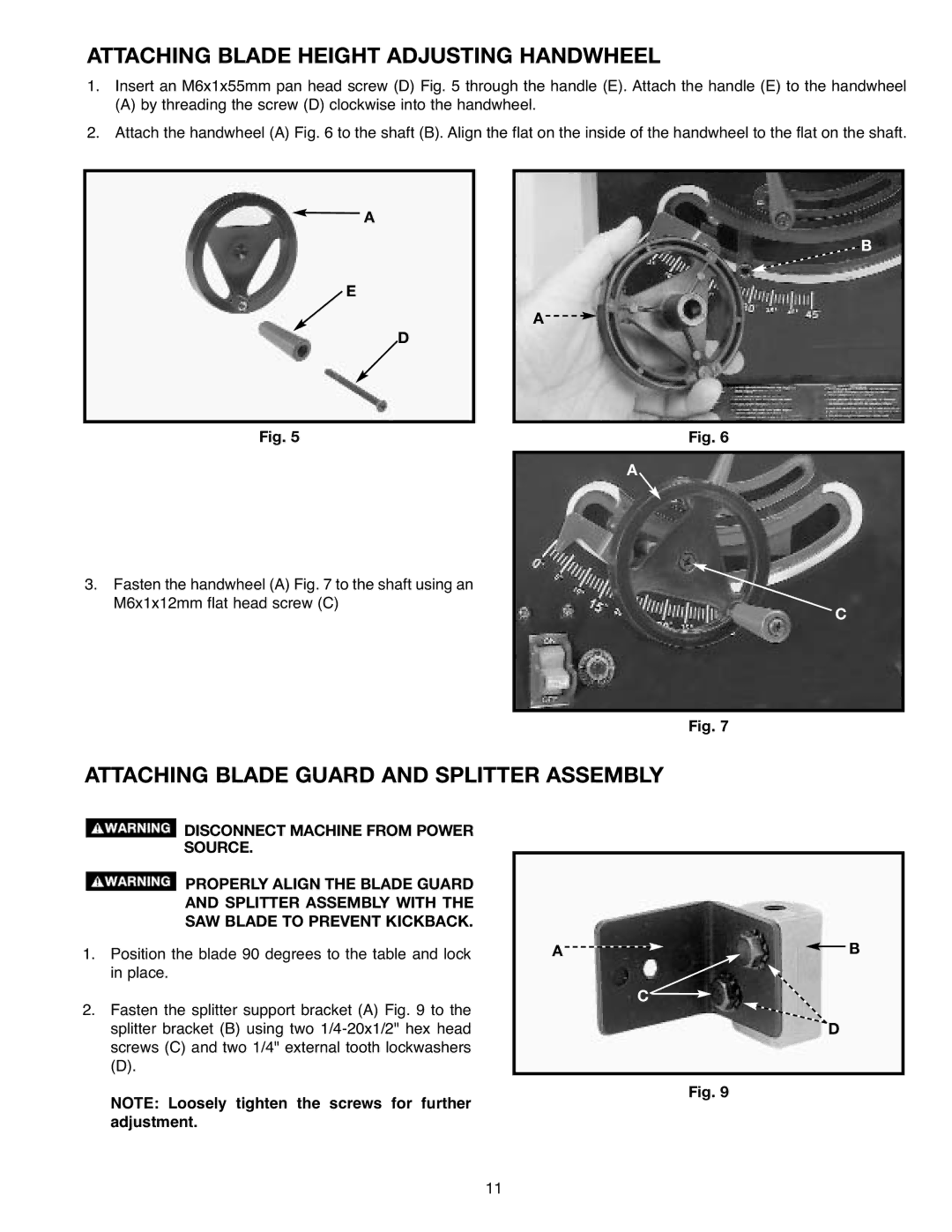 Draytek SM200L instruction manual Attaching Blade Height Adjusting Handwheel, Attaching Blade Guard and Splitter Assembly 