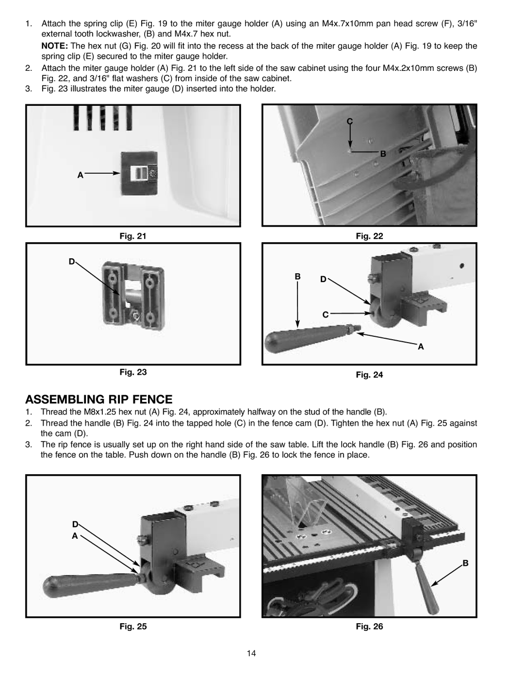 Draytek SM200L instruction manual Assembling RIP Fence, Illustrates the miter gauge D inserted into the holder 