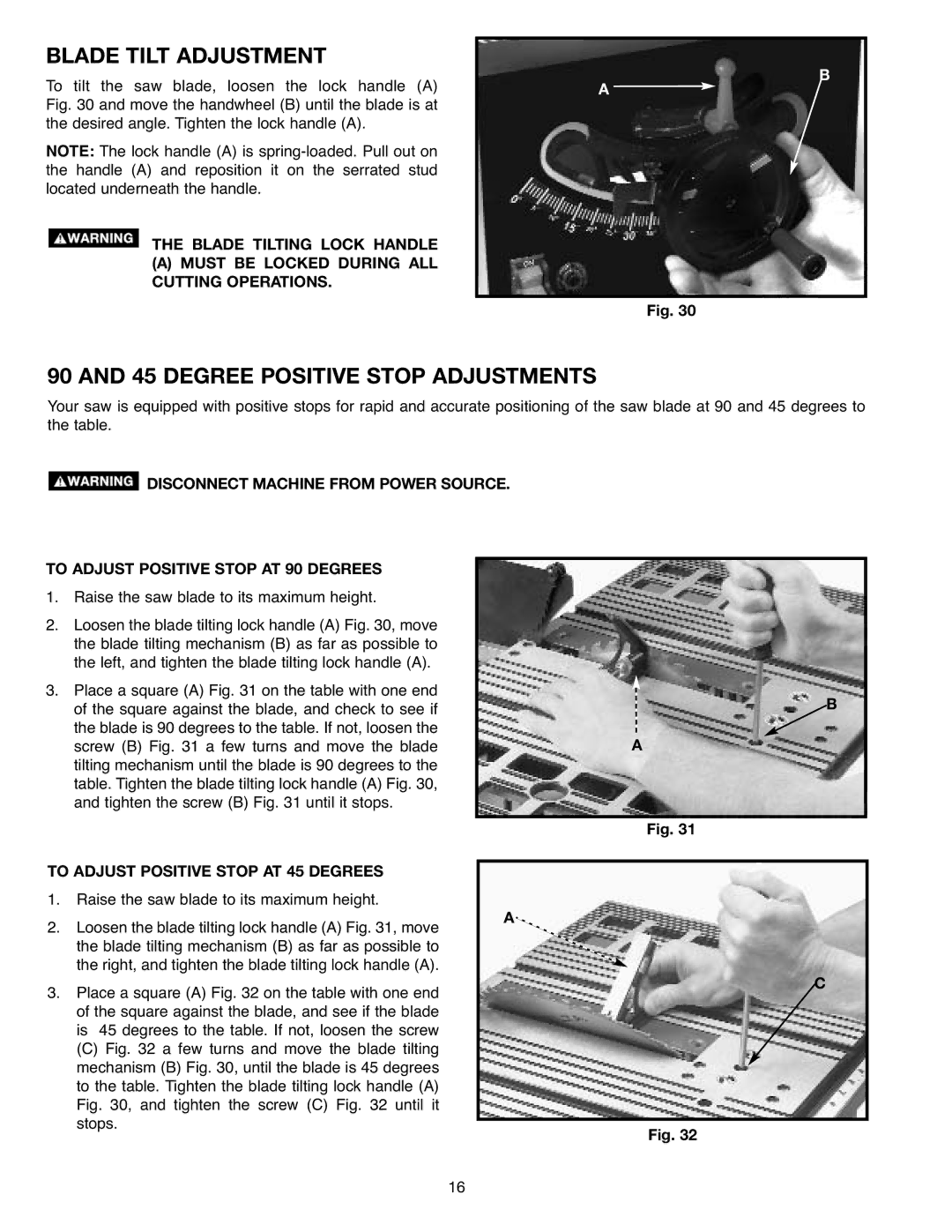 Draytek SM200L Blade Tilt Adjustment, Degree Positive Stop Adjustments, To Adjust Positive Stop AT 45 Degrees 