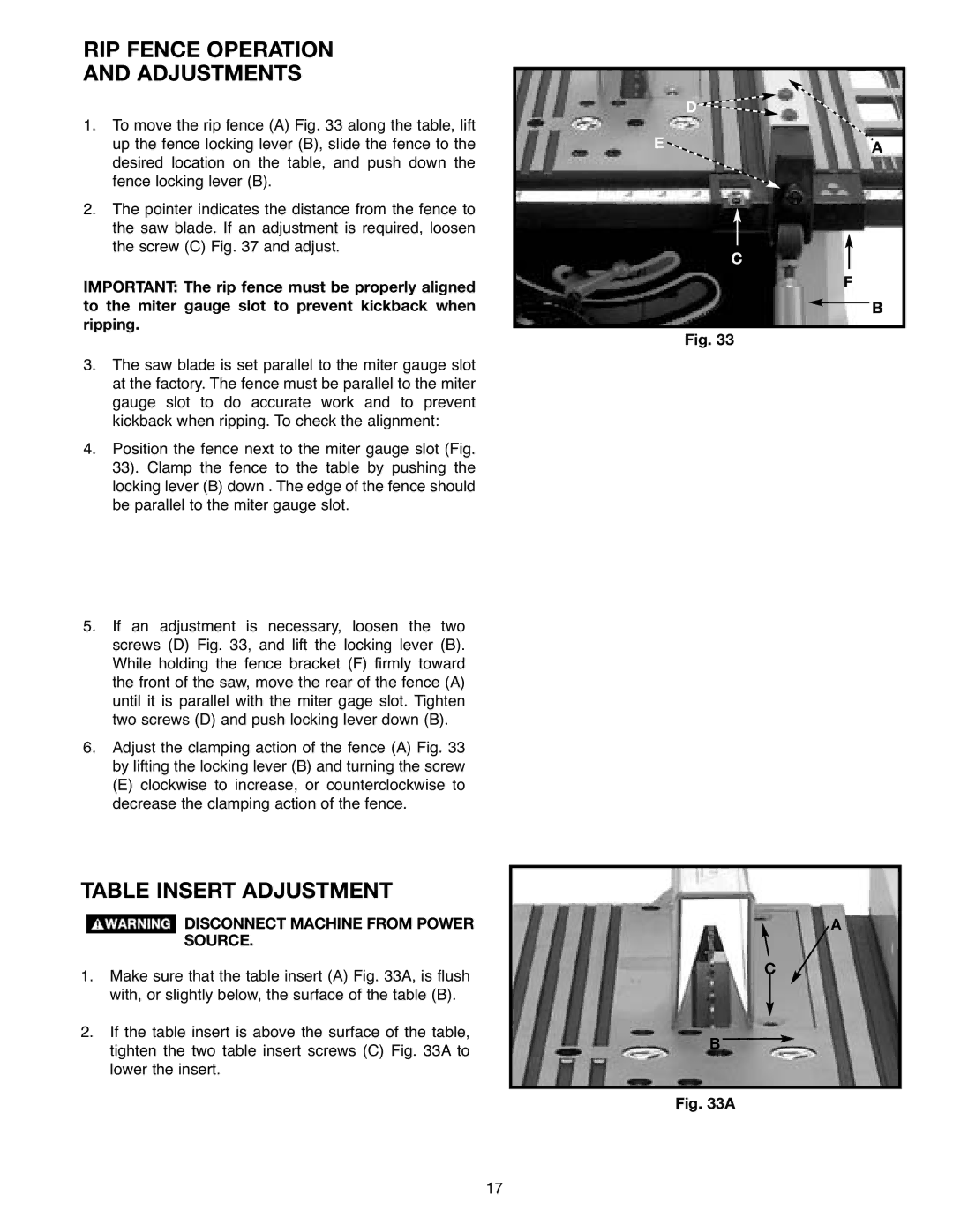 Draytek SM200L instruction manual RIP Fence Operation Adjustments, Table Insert Adjustment 