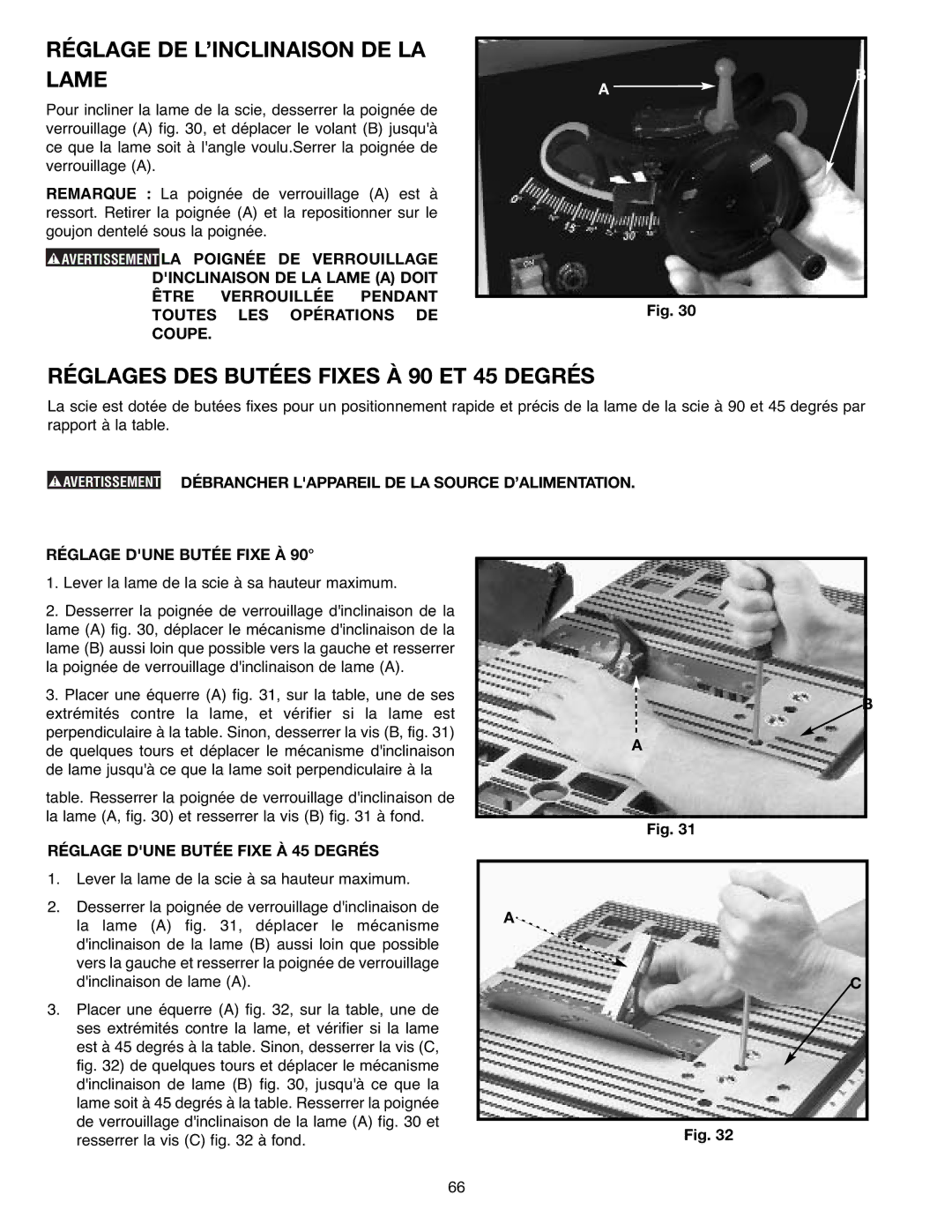 Draytek SM200L instruction manual Réglage DE L’INCLINAISON DE LA Lame, Réglages DES Butées Fixes À 90 ET 45 Degrés 