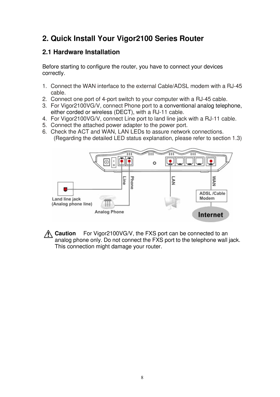 Draytek manual Quick Install Your Vigor2100 Series Router, Hardware Installation 