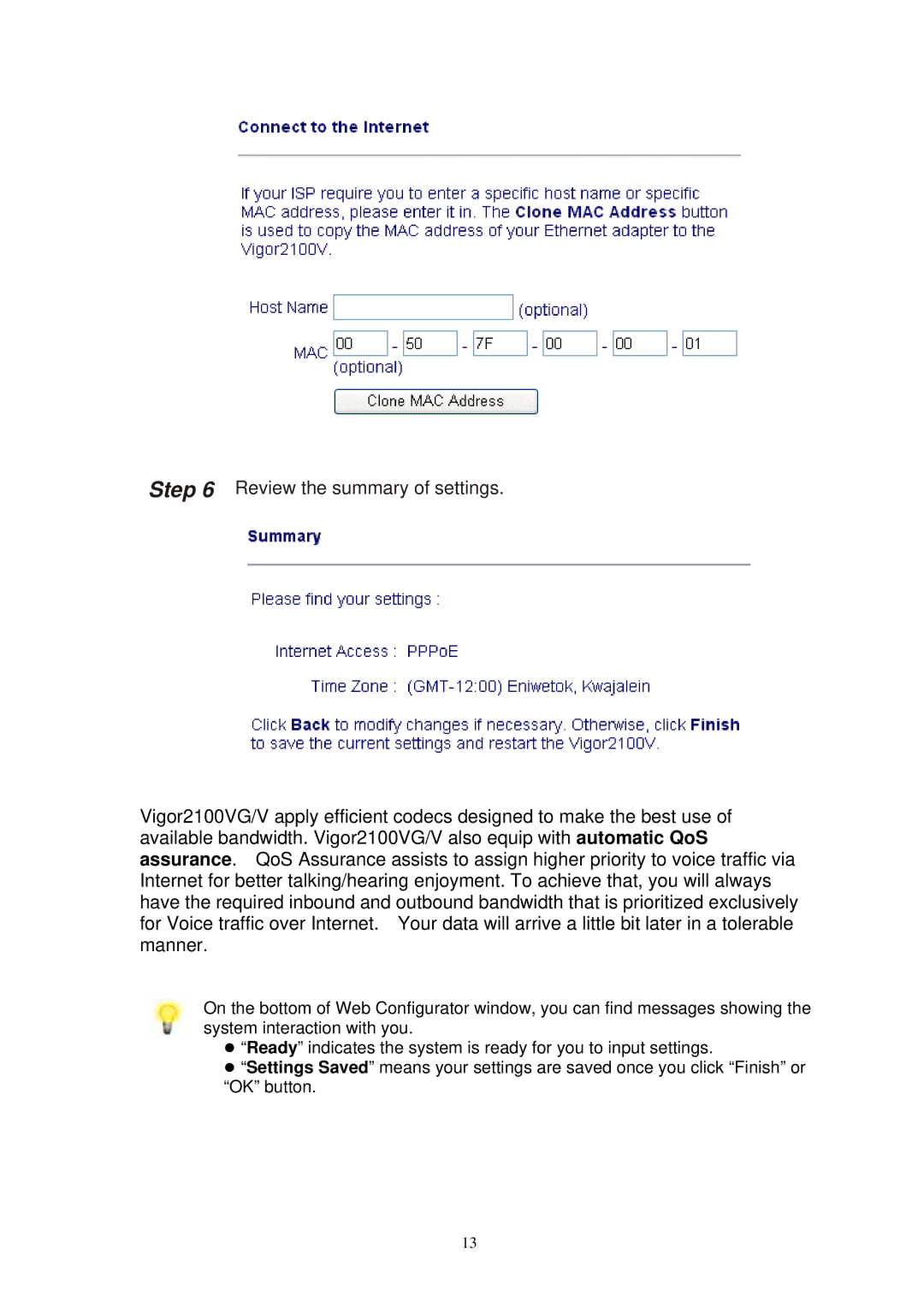 Draytek Vigor2100 manual Review the summary of settings 