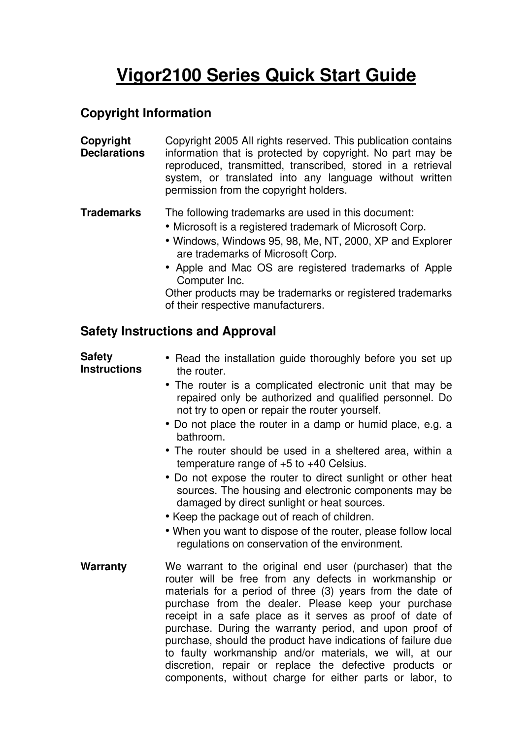 Draytek Vigor2100 manual Copyright Information, Safety Instructions and Approval, Warranty 