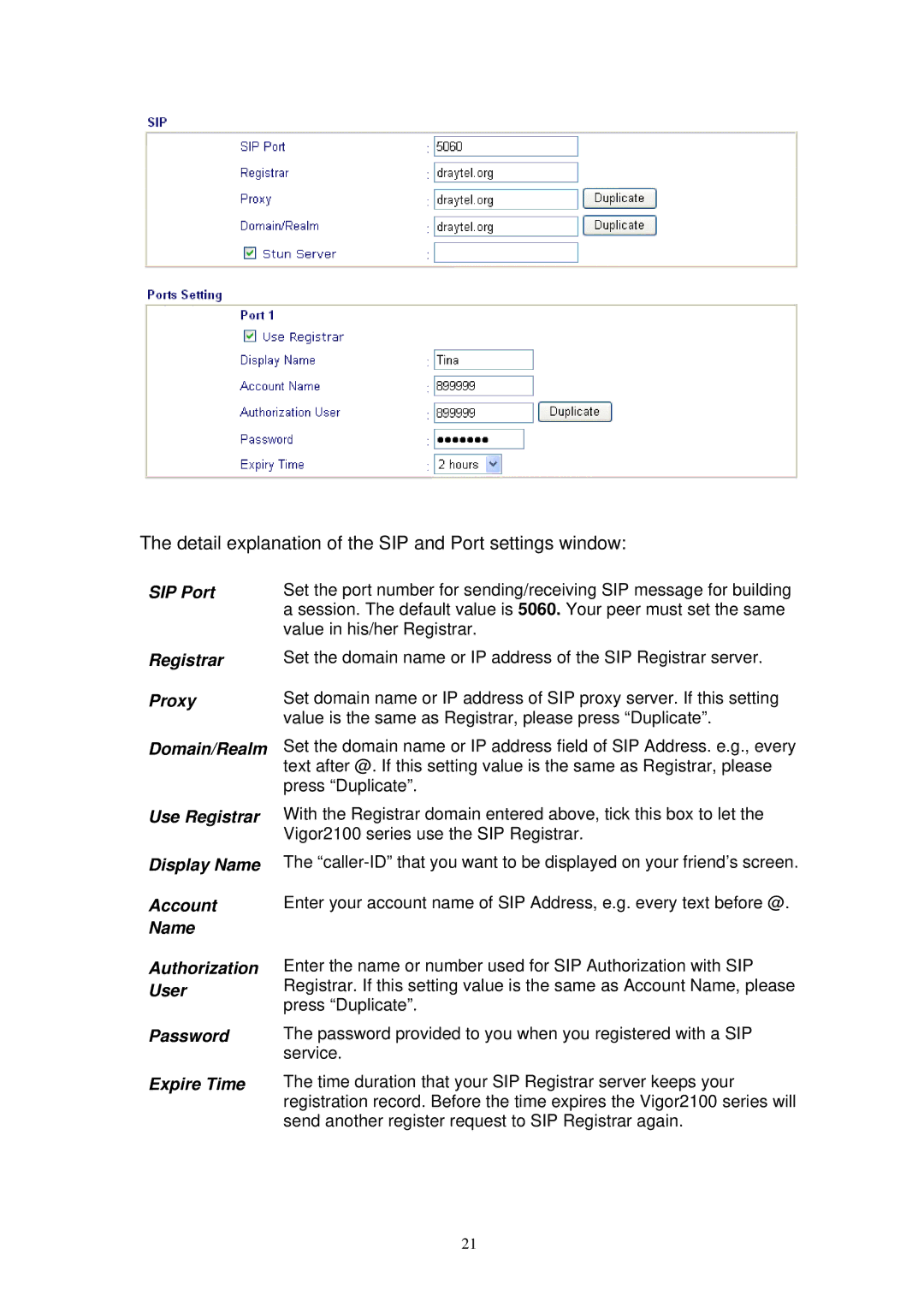 Draytek Vigor2100 manual Detail explanation of the SIP and Port settings window 