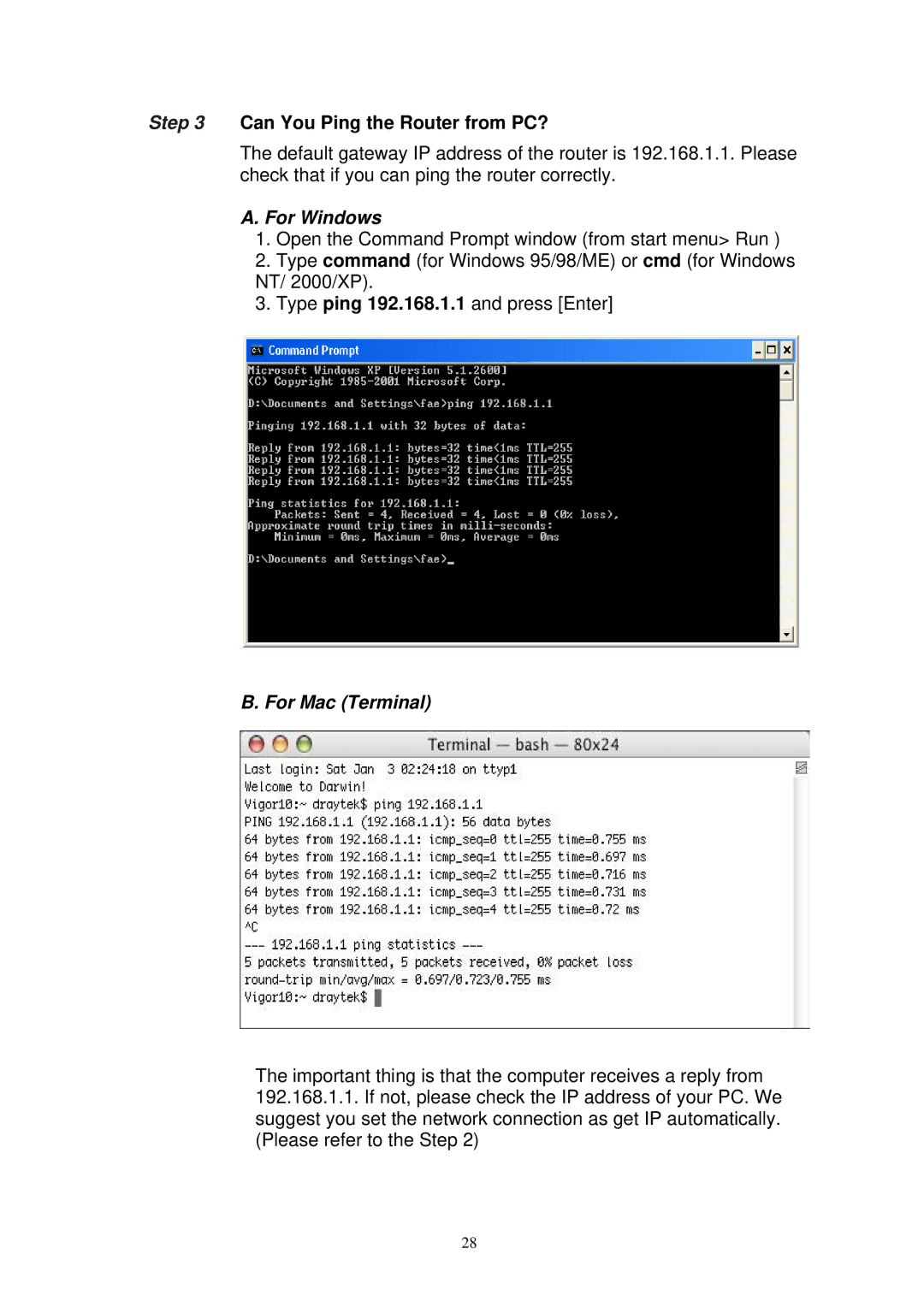 Draytek Vigor2100 manual Can You Ping the Router from PC?, For Windows 
