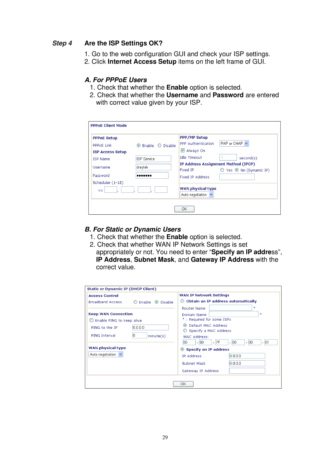 Draytek Vigor2100 manual Are the ISP Settings OK?, For PPPoE Users 