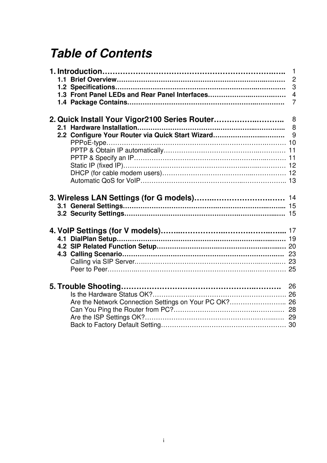 Draytek Vigor2100 manual Table of Contents 