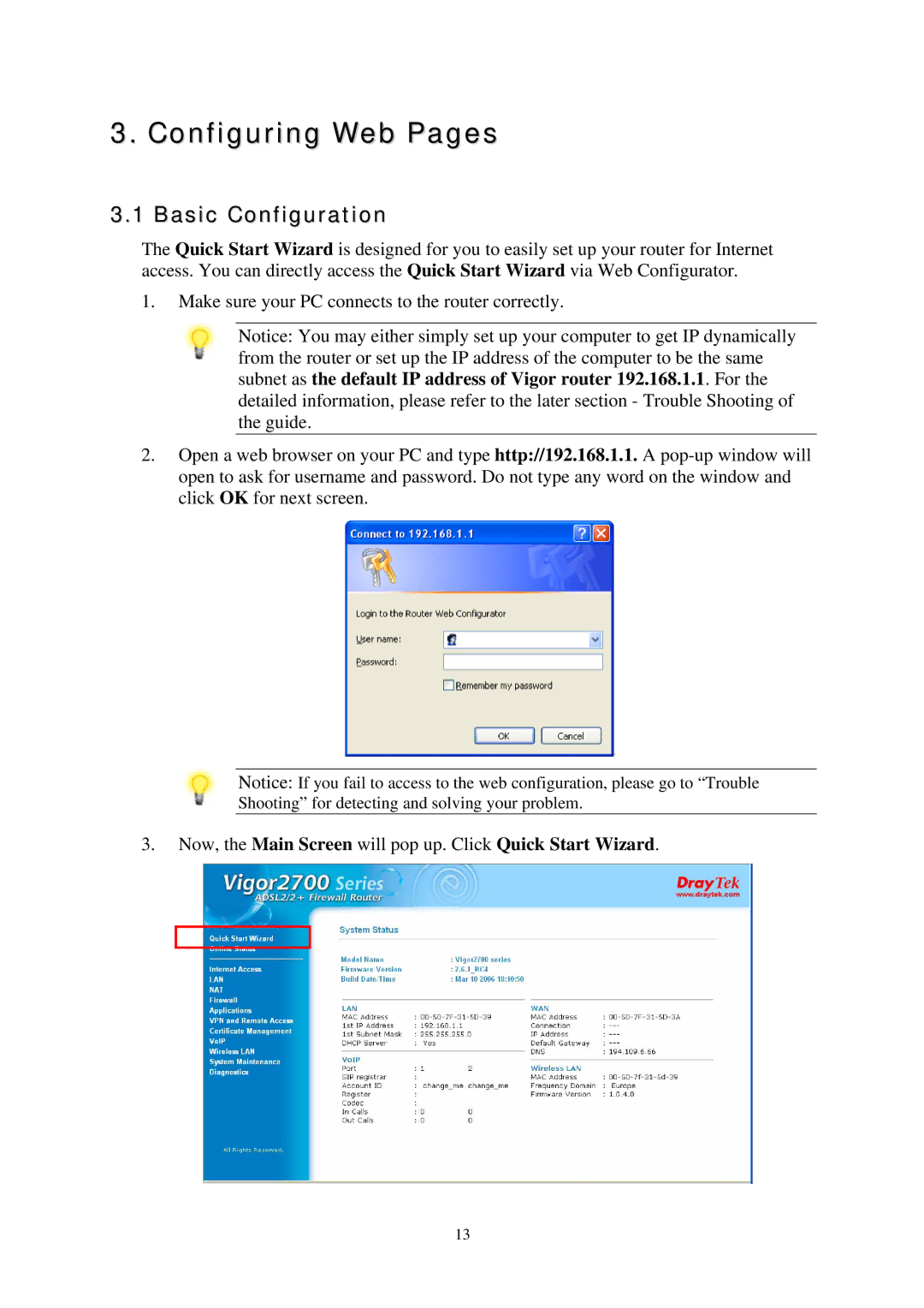 Draytek Vigor2700Gi, 2700 Series, Vigor2700VGi quick start Configuring Web Pages, Basic Configuration 