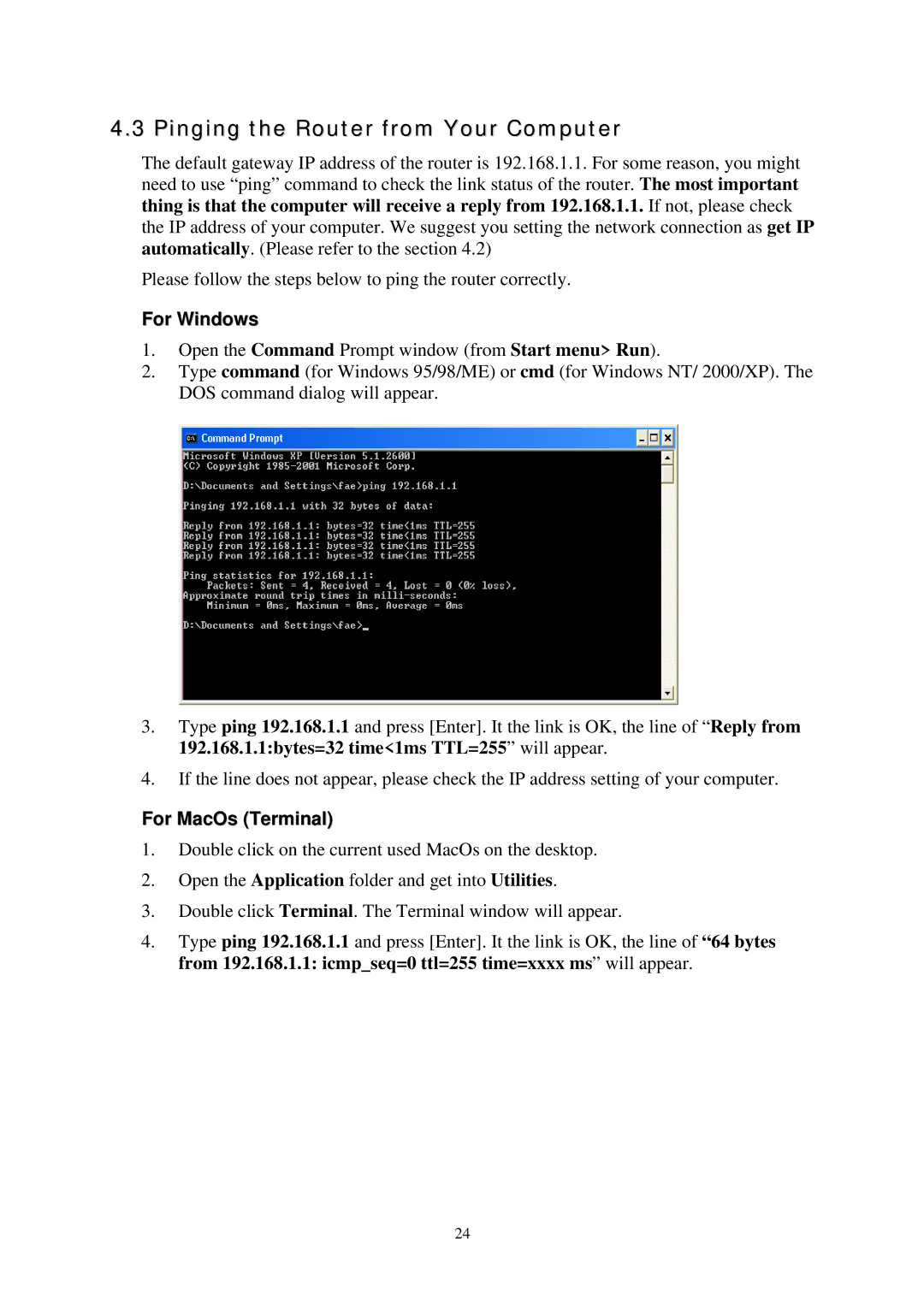 Draytek Vigor2700Gi, 2700 Series, Vigor2700VGi quick start Pinging the Router from Your Computer, For MacOs Terminal 