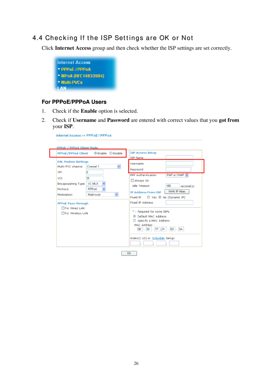 Draytek Vigor2700Gi, 2700 Series, Vigor2700VGi Checking If the ISP Settings are OK or Not, For PPPoE/PPPoA Users 