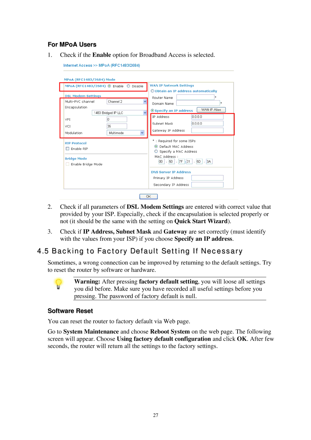 Draytek Vigor2700Gi, 2700 Series quick start Backing to Factory Default Setting If Necessary, For MPoA Users, Software Reset 