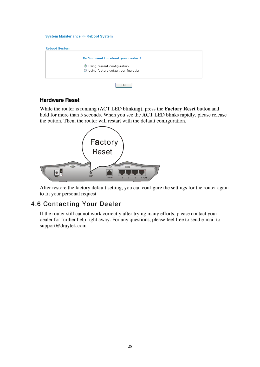 Draytek 2700 Series, Vigor2700Gi, Vigor2700VGi quick start Contacting Your Dealer, Hardware Reset 