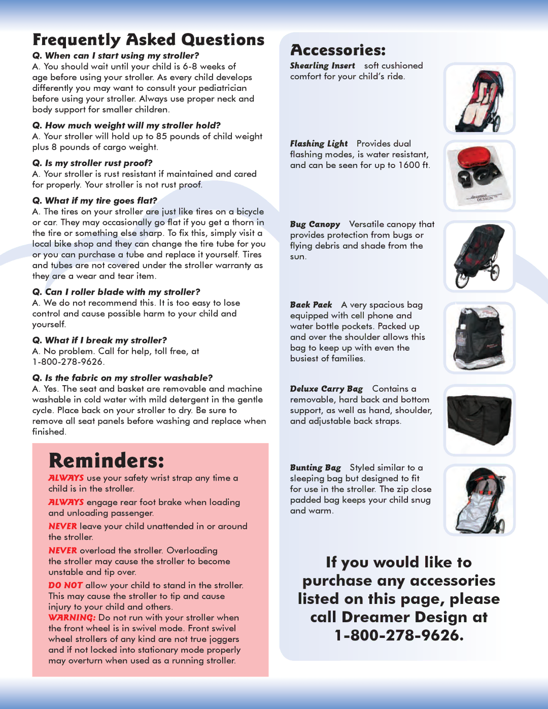 Dreamer Design Stroller manual Reminders, Frequently Asked Questions 