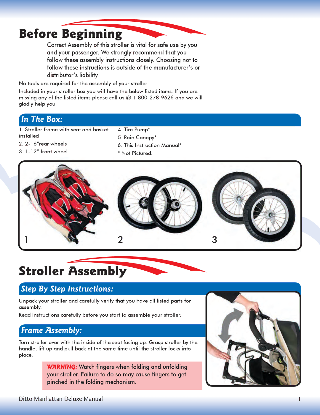 Dreamer Design manual Before Beginning, Stroller Assembly, Box, Step By Step Instructions, Frame Assembly 