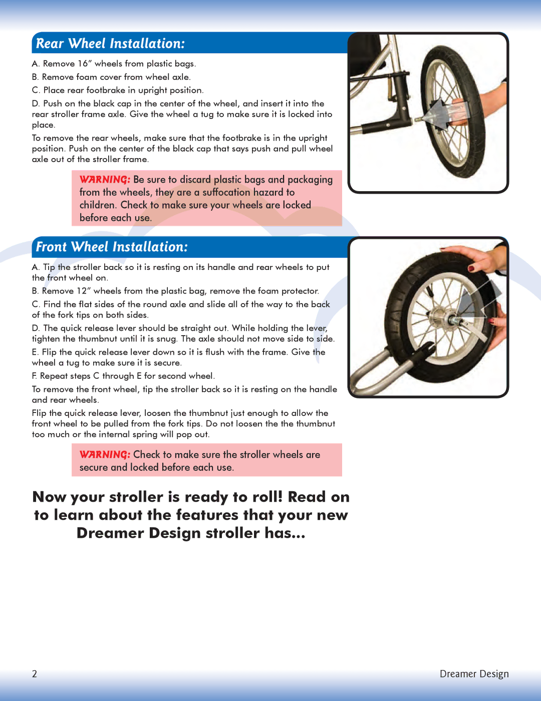 Dreamer Design Stroller manual Rear Wheel Installation, Front Wheel Installation 