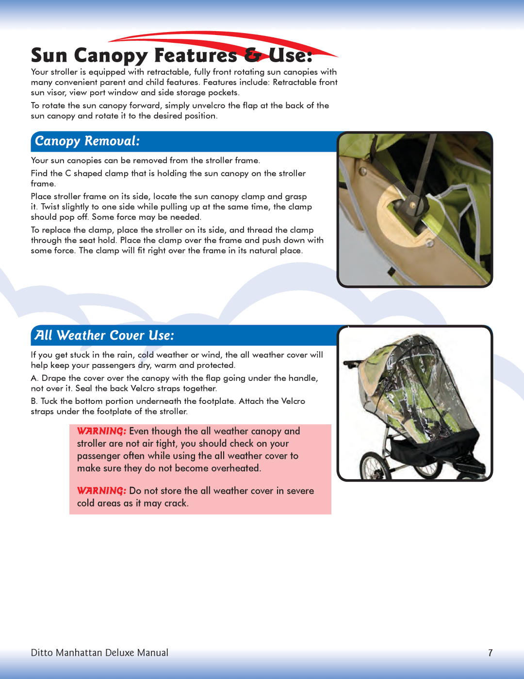 Dreamer Design Stroller manual Sun Canopy Features & Use, Canopy Removal, All Weather Cover Use 