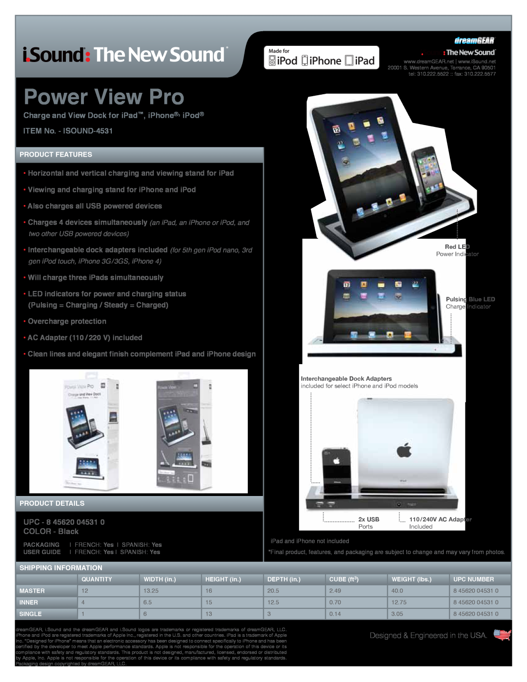 DreamGEAR manual Power View Pro, Charge and View Dock for iPad, iPhone, iPod ITEM No. - ISOUND-4531, Product Features 