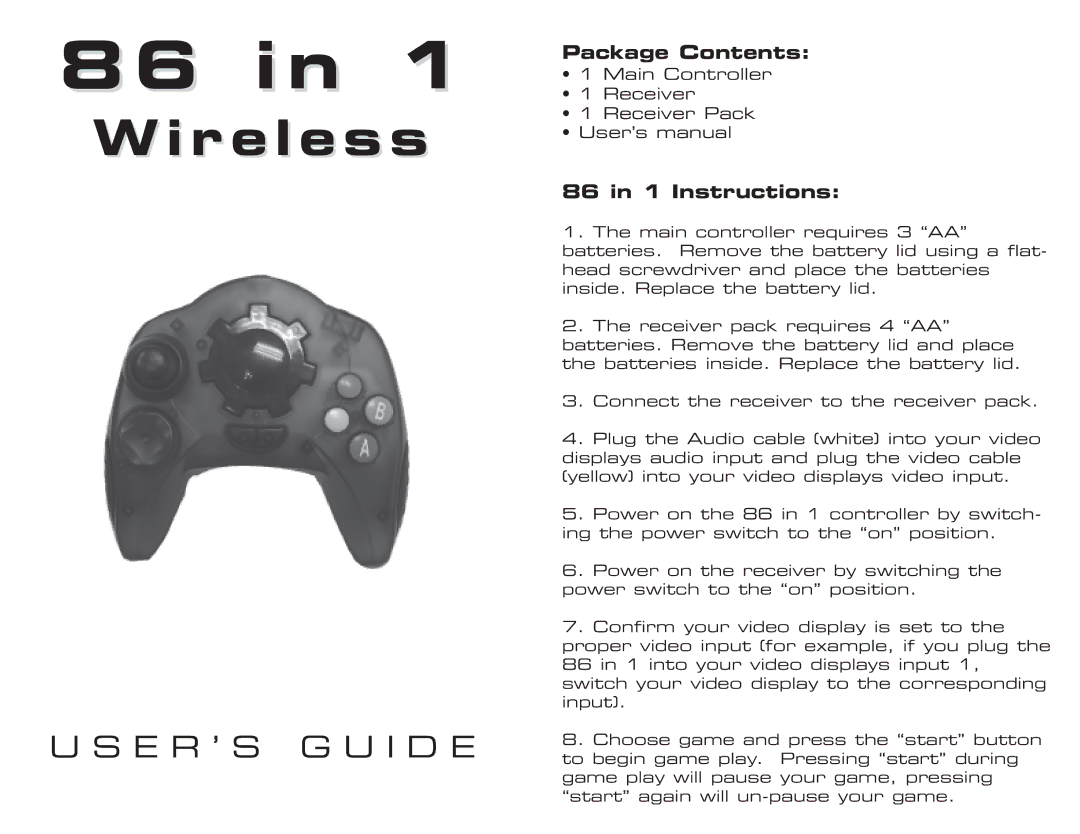 DreamGEAR DGUN-935 user manual Wireless, E R ’ S G U I D E, Package Contents, 86 in 1 Instructions 