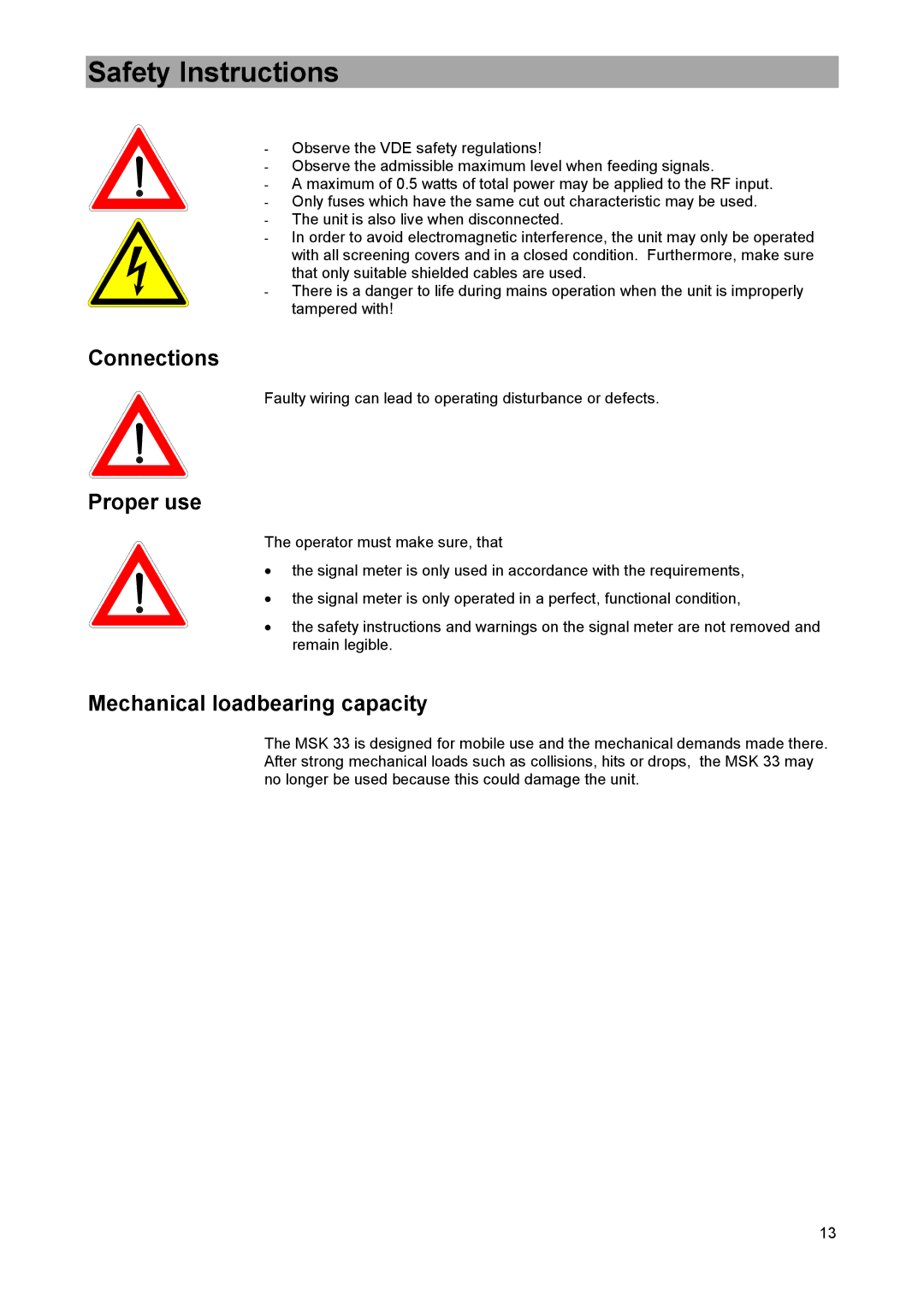 DreamGEAR MSK 33 manual Safety Instructions, Connections, Proper use, Mechanical loadbearing capacity 