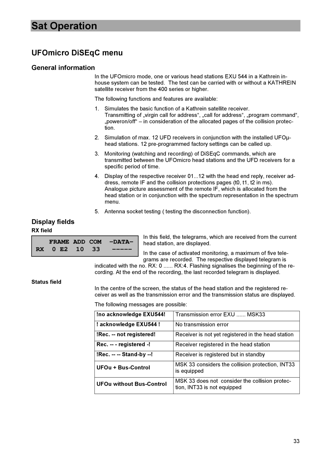 DreamGEAR MSK 33 manual UFOmicro DiSEqC menu, General information, Display fields, RX 0 E2 10 