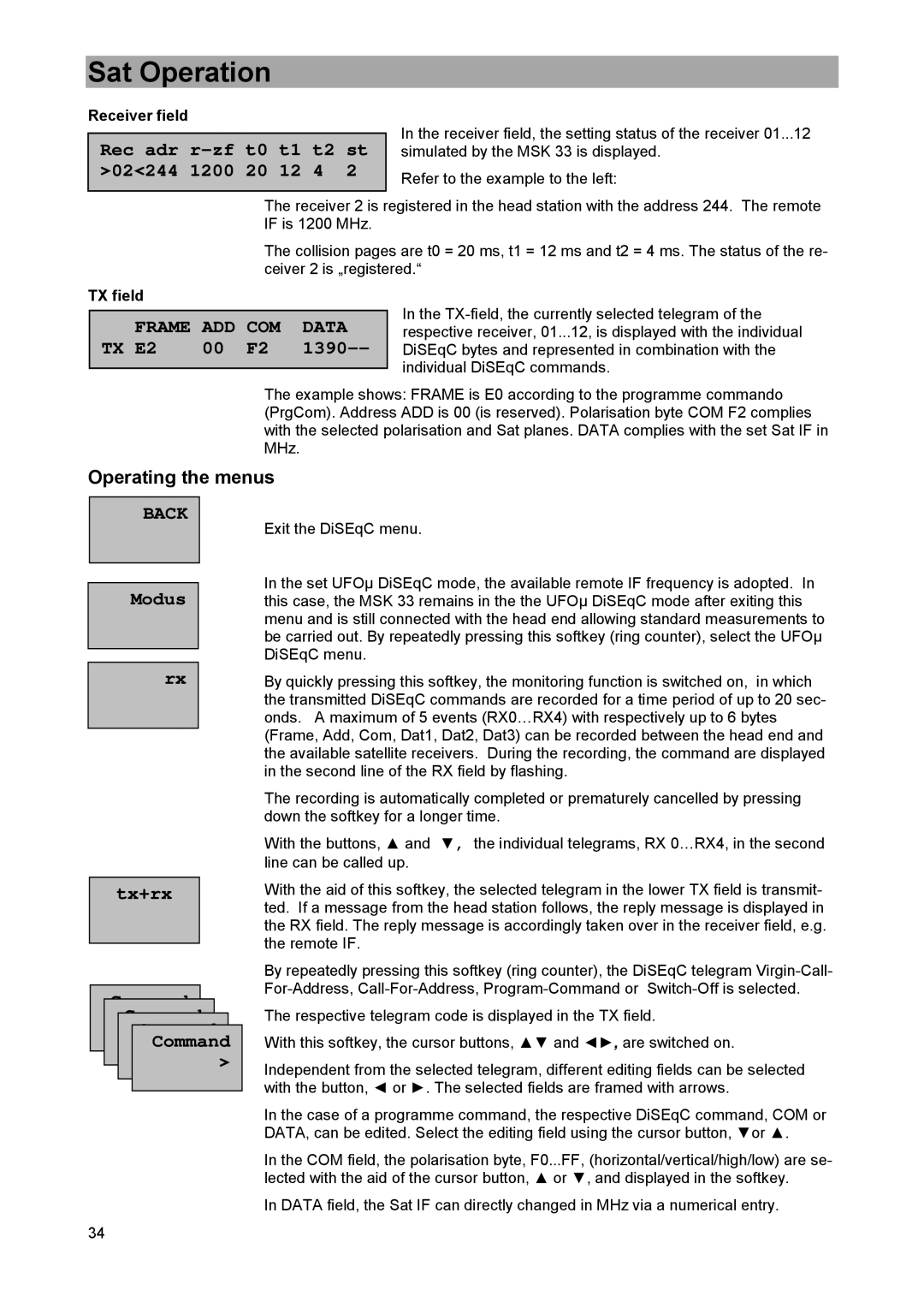 DreamGEAR MSK 33 manual 1390, Operating the menus, Modus, Tx+rx Command 