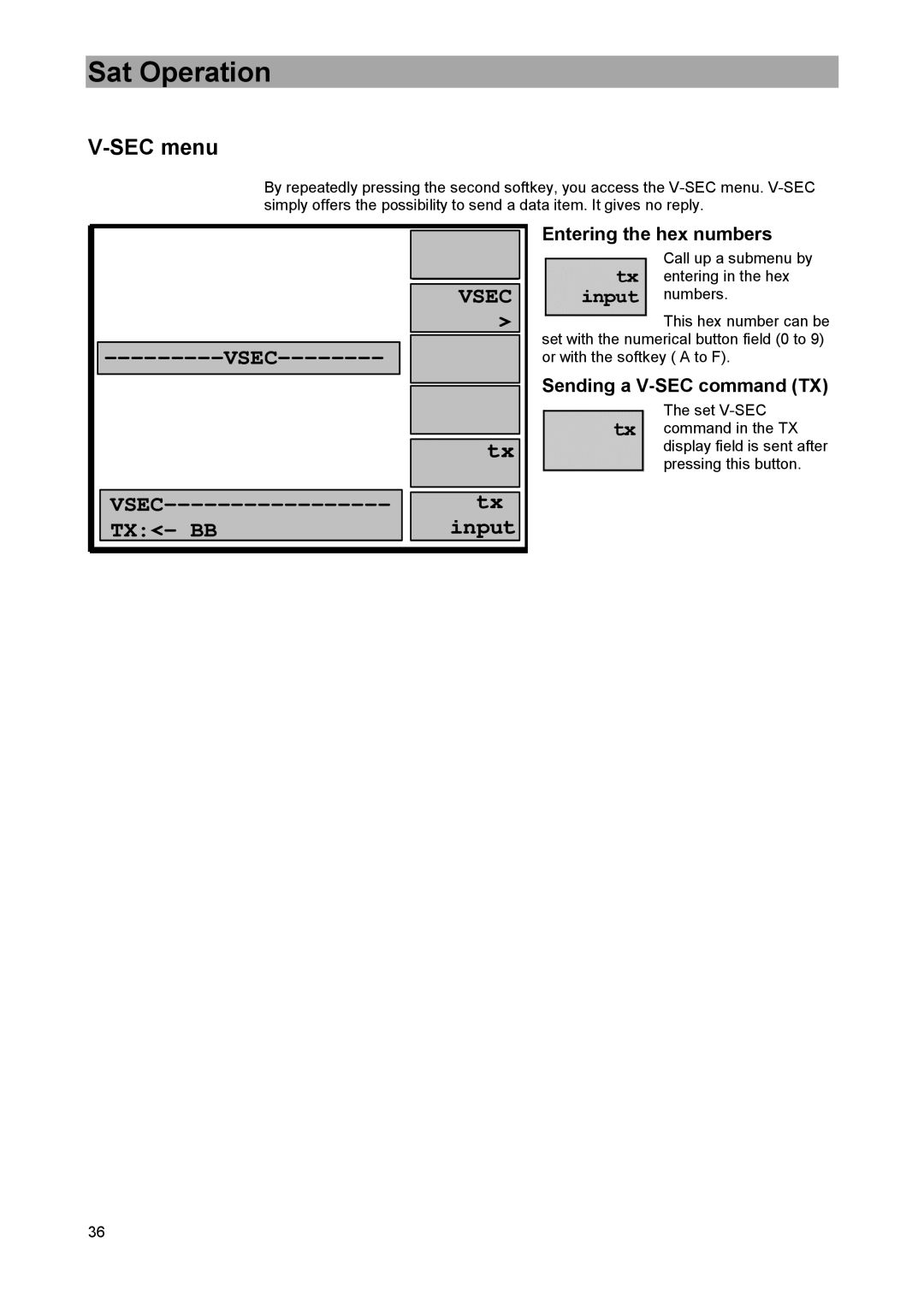 DreamGEAR MSK 33 manual SEC menu, Entering the hex numbers, Sending a V-SEC command TX 