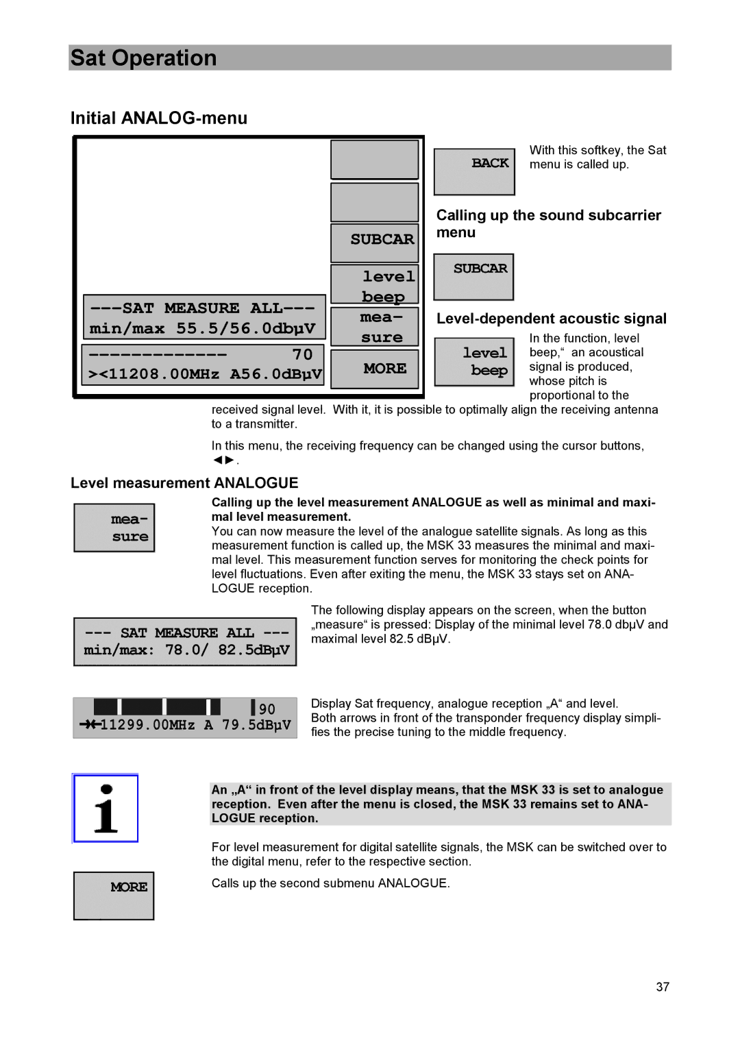 DreamGEAR MSK 33 manual Initial ANALOG-menu, Calling up the sound subcarrier, Menu, Level-dependent acoustic signal 