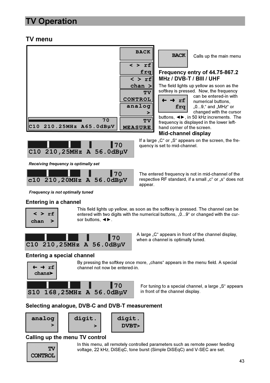 DreamGEAR MSK 33 manual TV Operation, TV menu, C10 210.25MHz A65.0dBµV, Rf chan 