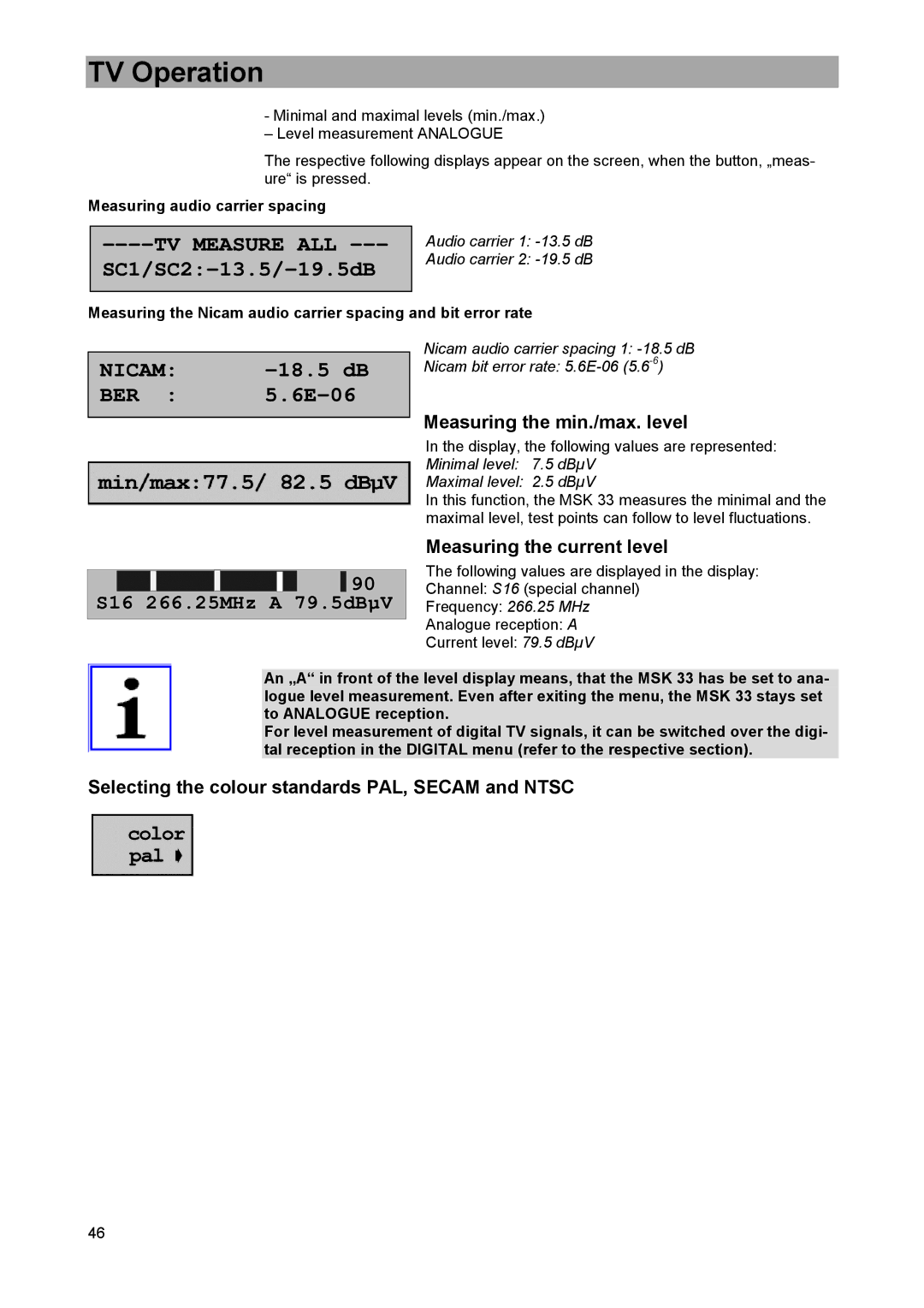 DreamGEAR MSK 33 manual Measuring the min./max. level, Measuring the current level, Measuring audio carrier spacing 