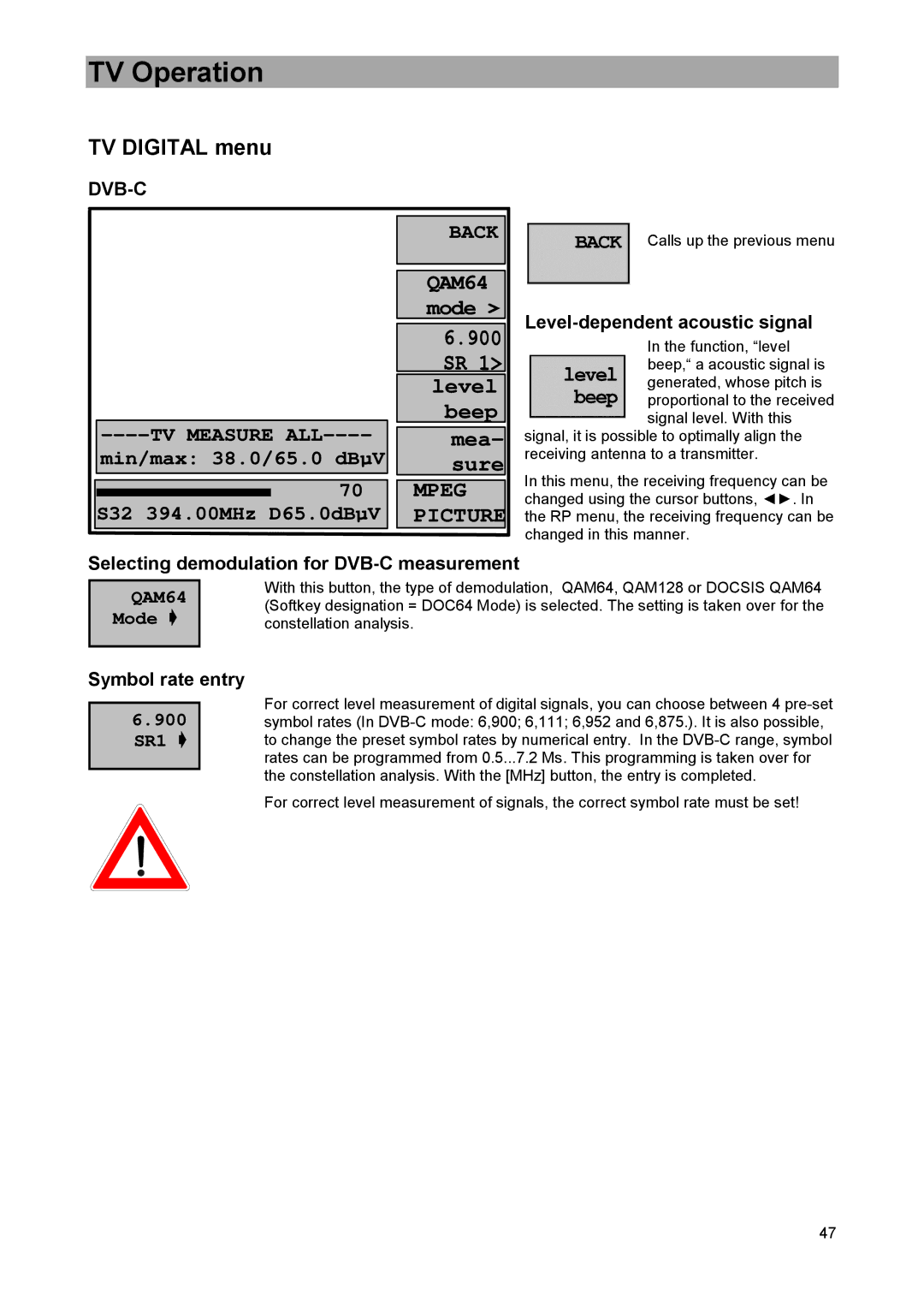 DreamGEAR MSK 33 manual TV Digital menu, Selecting demodulation for DVB-C measurement, Mode 