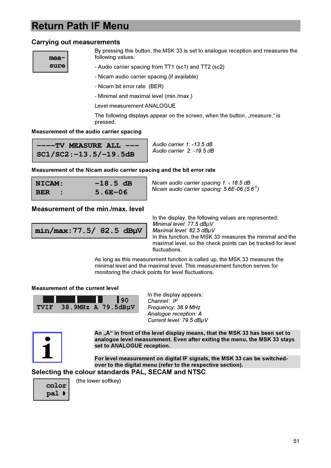 DreamGEAR MSK 33 manual Measurement of the min./max. level, Measurement of the audio carrier spacing 