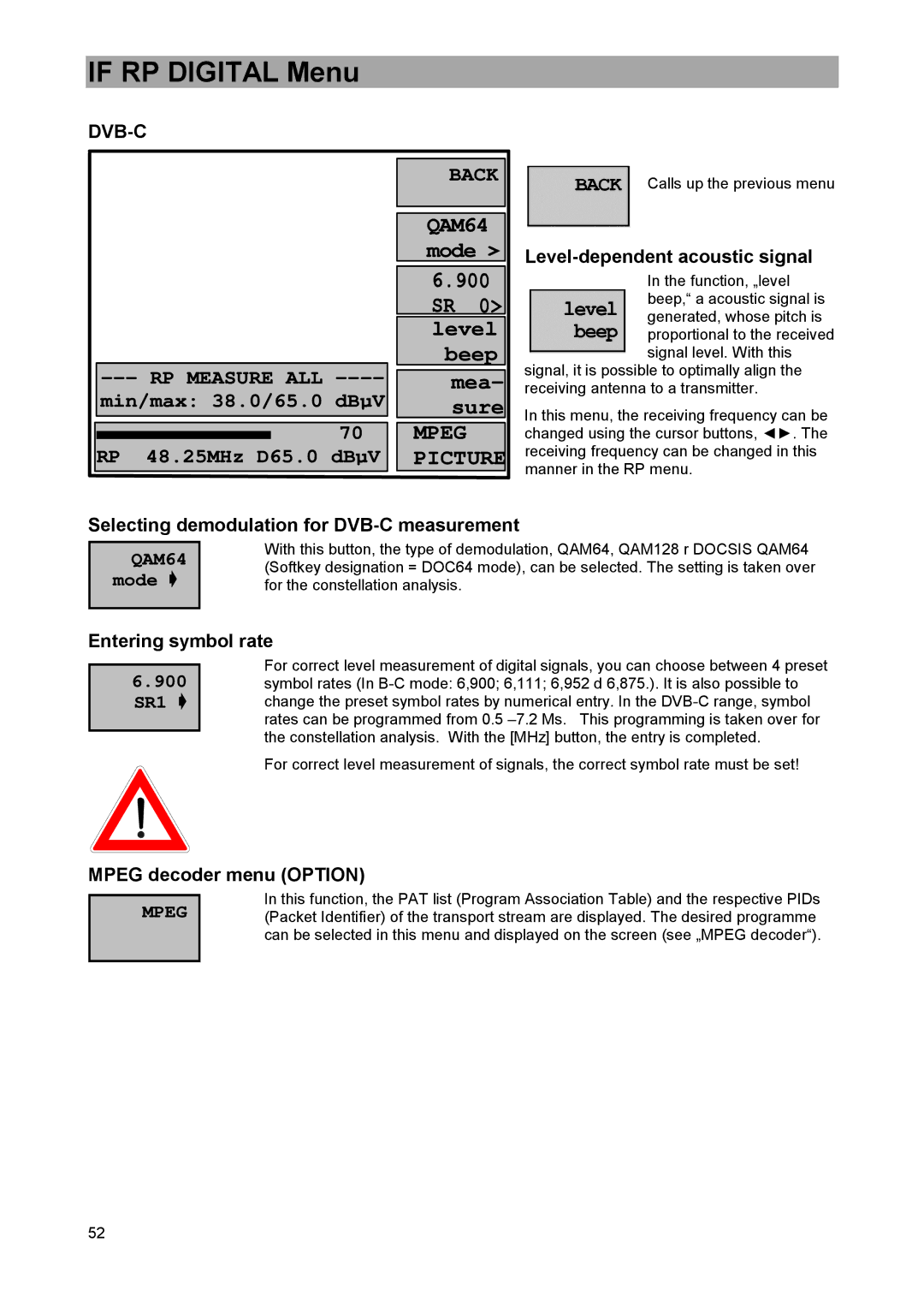 DreamGEAR MSK 33 manual If RP Digital Menu, QAM64 mode, Entering symbol rate 