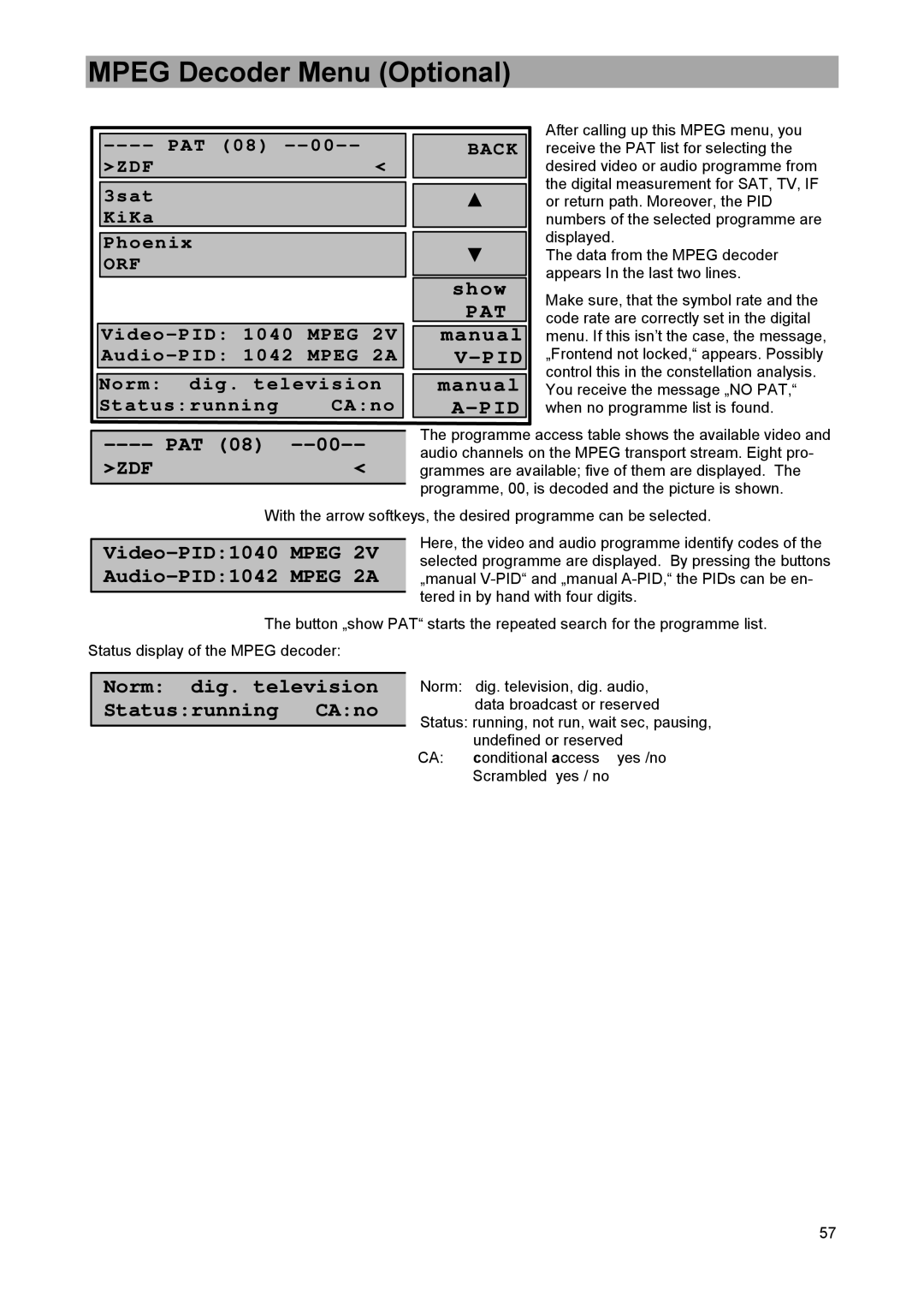 DreamGEAR MSK 33 manual Mpeg Decoder Menu Optional, PAT 08, 3sat KiKa Phoenix 