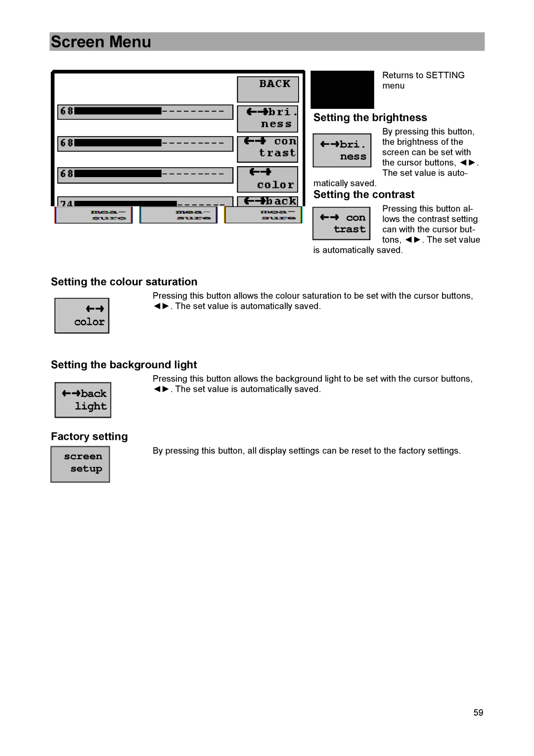 DreamGEAR MSK 33 manual Screen Menu, Screen setup 