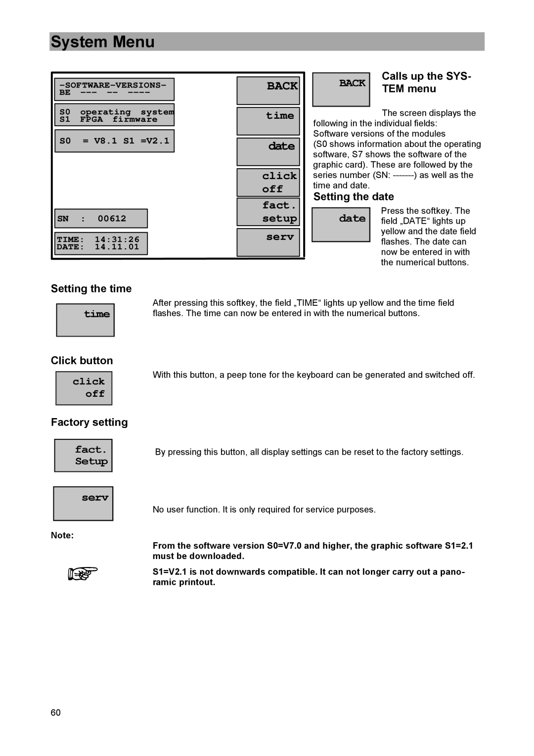 DreamGEAR MSK 33 manual System Menu, Calls up the SYS TEM menu, Setting the date, Setting the time Click button, Click off 