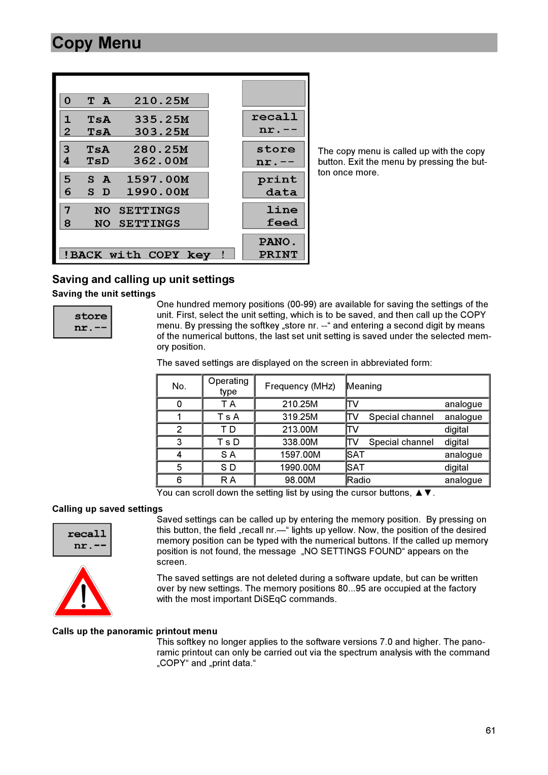 DreamGEAR MSK 33 manual Copy Menu, Saving and calling up unit settings, Saving the unit settings, Calling up saved settings 