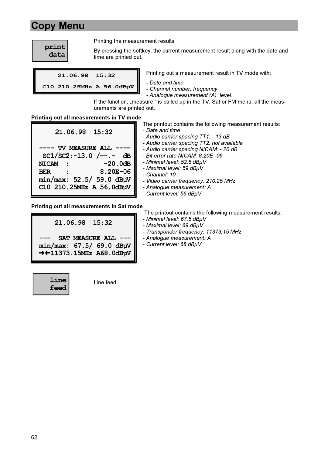 DreamGEAR MSK 33 manual Printing out all measurements in TV mode, Printing out all measurements in Sat mode 