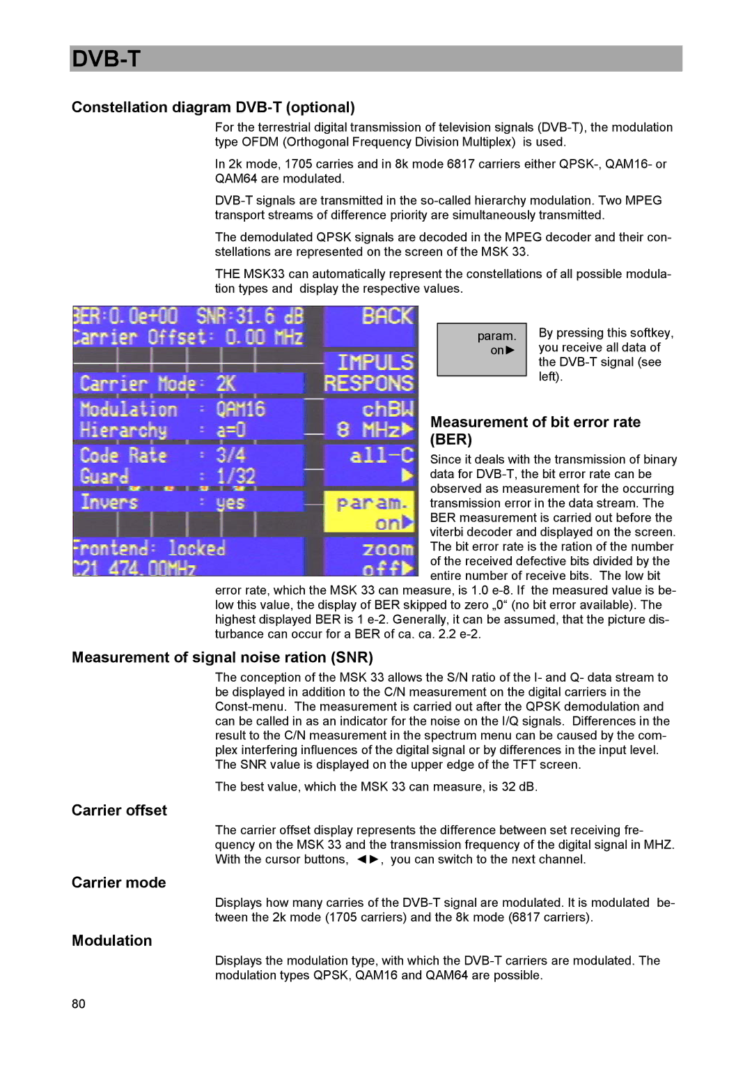 DreamGEAR MSK 33 manual Constellation diagram DVB-T optional, Measurement of bit error rate BER, Carrier mode, Modulation 